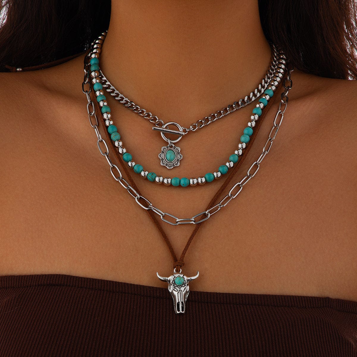 Hippie Toggle Clasp Bull Flower Pendant Turquoise Chain Velvet Necklace Set - ArtGalleryZen