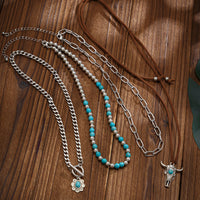 Thumbnail for Hippie Toggle Clasp Bull Flower Pendant Turquoise Chain Velvet Necklace Set - ArtGalleryZen