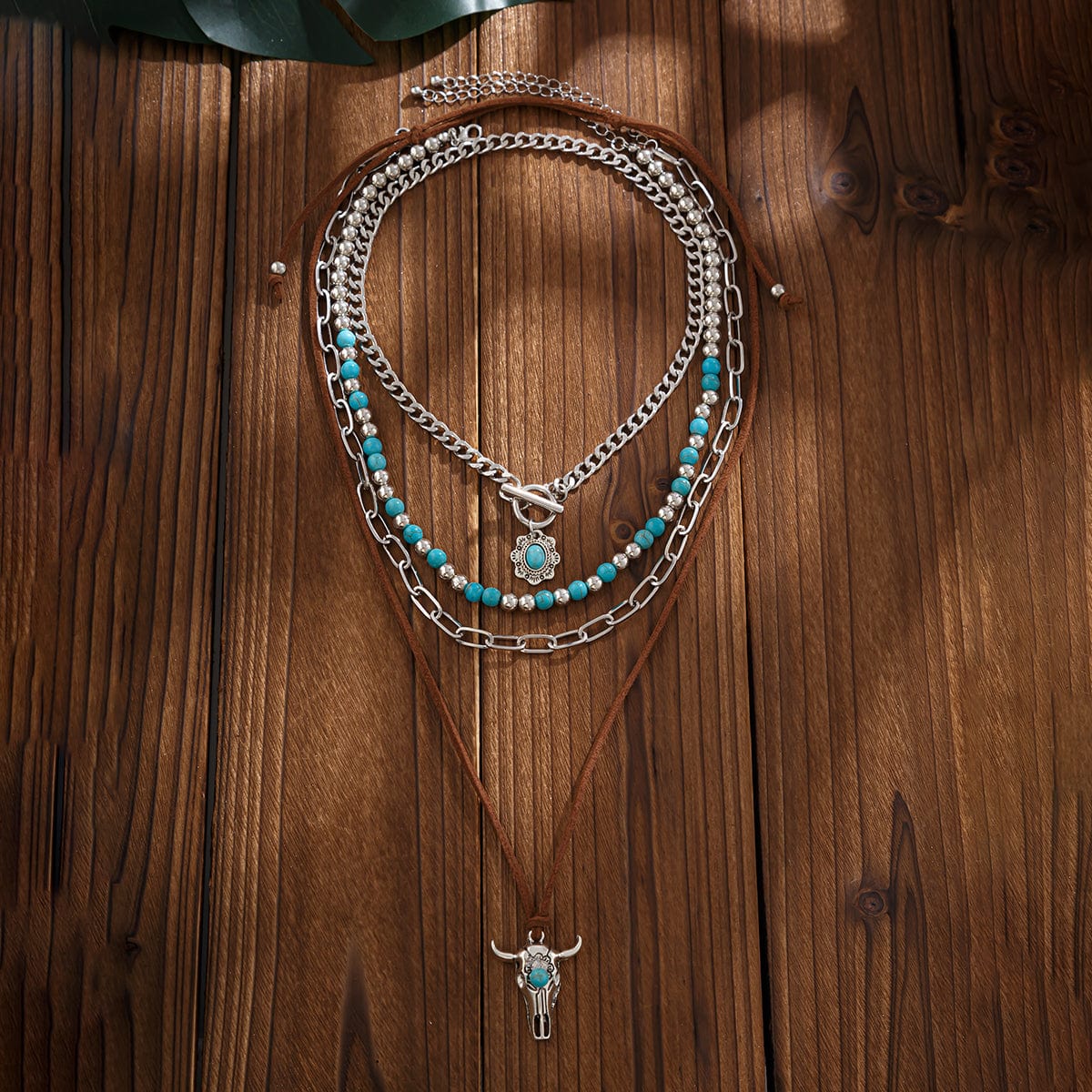 Hippie Toggle Clasp Bull Flower Pendant Turquoise Chain Velvet Necklace Set - ArtGalleryZen