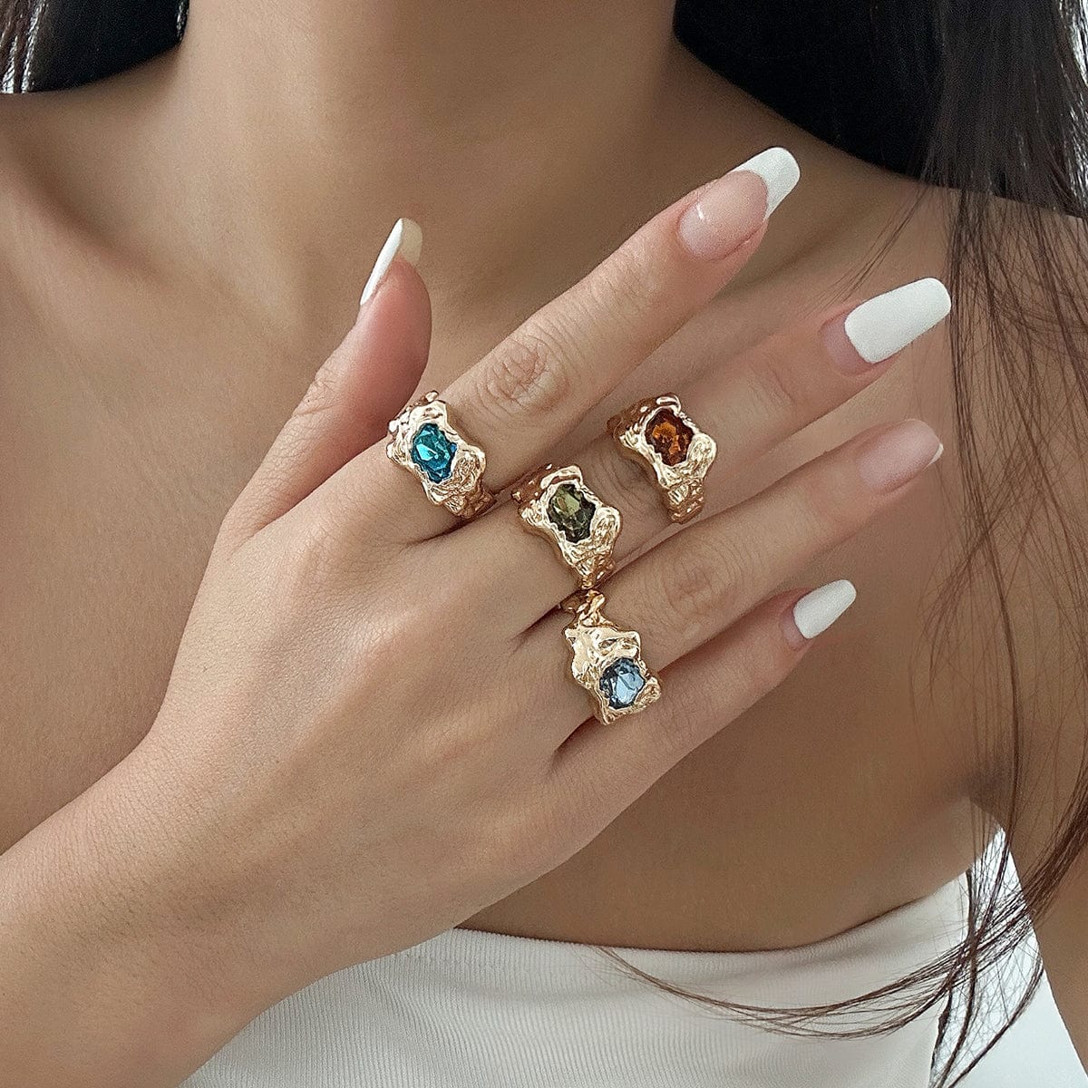 Irregular 4Pcs Gold Silver Plated Crystal Inlaid Open Ring Set - ArtGalleryZen