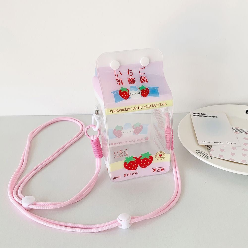 Kawaii Milk Carton Clear Display Bag - Crossbody Doll Holder Purse - ArtGalleryZen