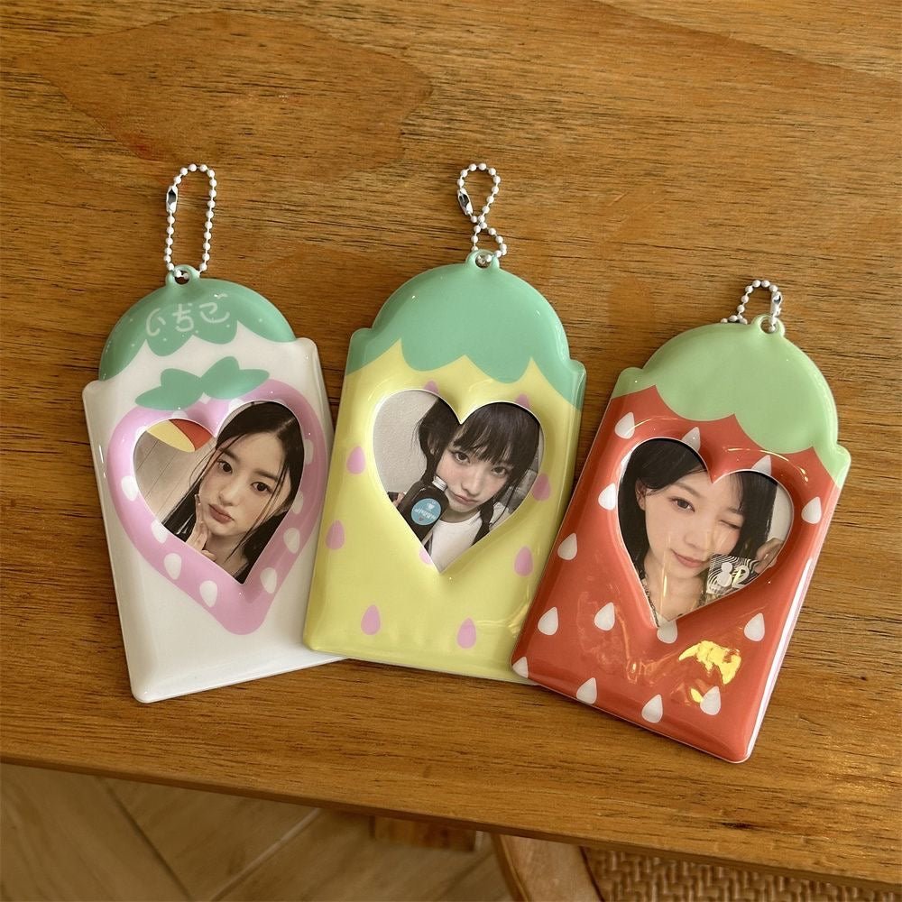 Kawaii Strawberry Photocard Holder Keychain - Cute Kpop Card Display - ArtGalleryZen