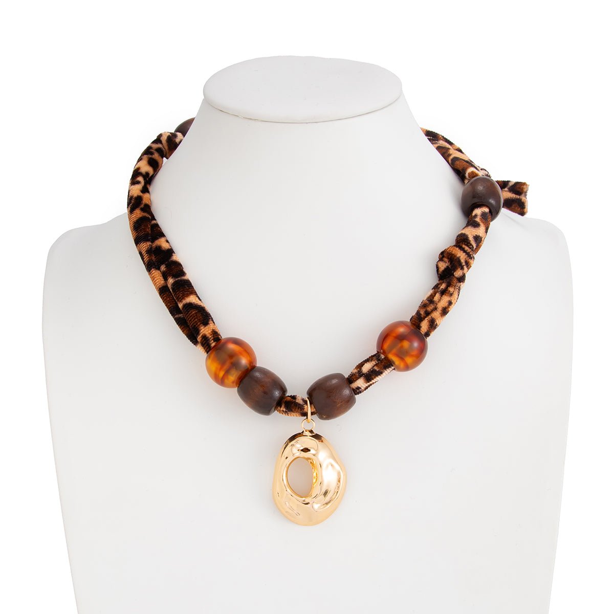Lava Pendant Wooden Beads Leopard Print Velvet Necklace Boho - ArtGalleryZen