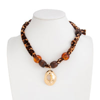Thumbnail for Lava Pendant Wooden Beads Leopard Print Velvet Necklace Boho - ArtGalleryZen