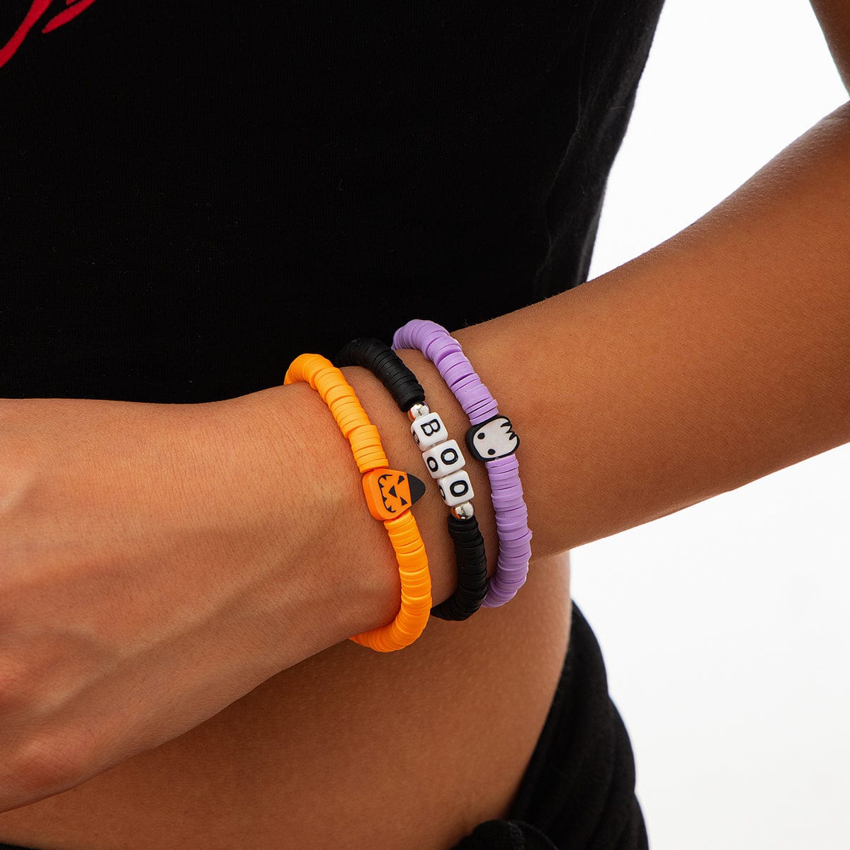 Layered Halloween Pumpkin Ghost Charm Polymer Clay Letter Bracelet Set - ArtGalleryZen