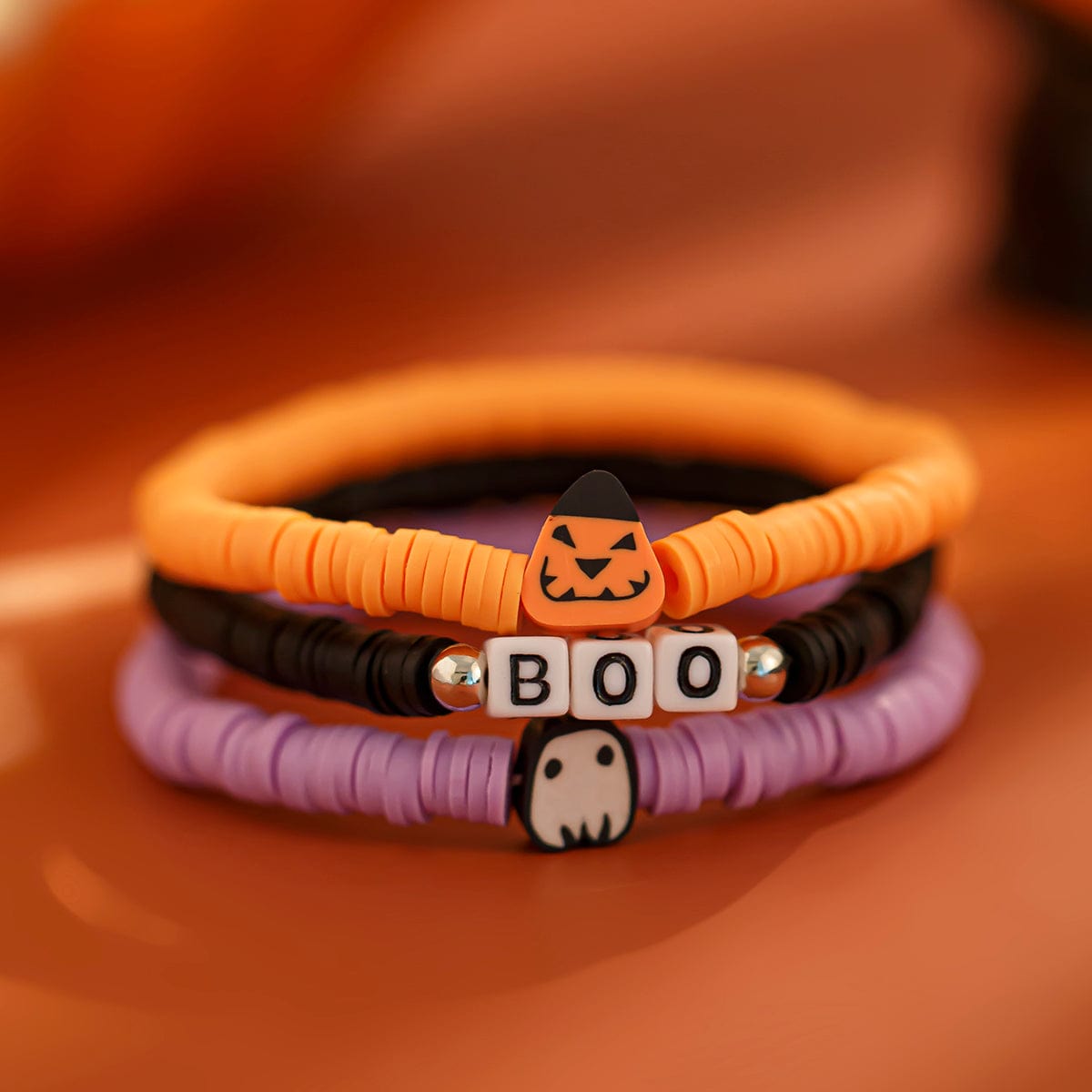 Layered Halloween Pumpkin Ghost Charm Polymer Clay Letter Bracelet Set - ArtGalleryZen