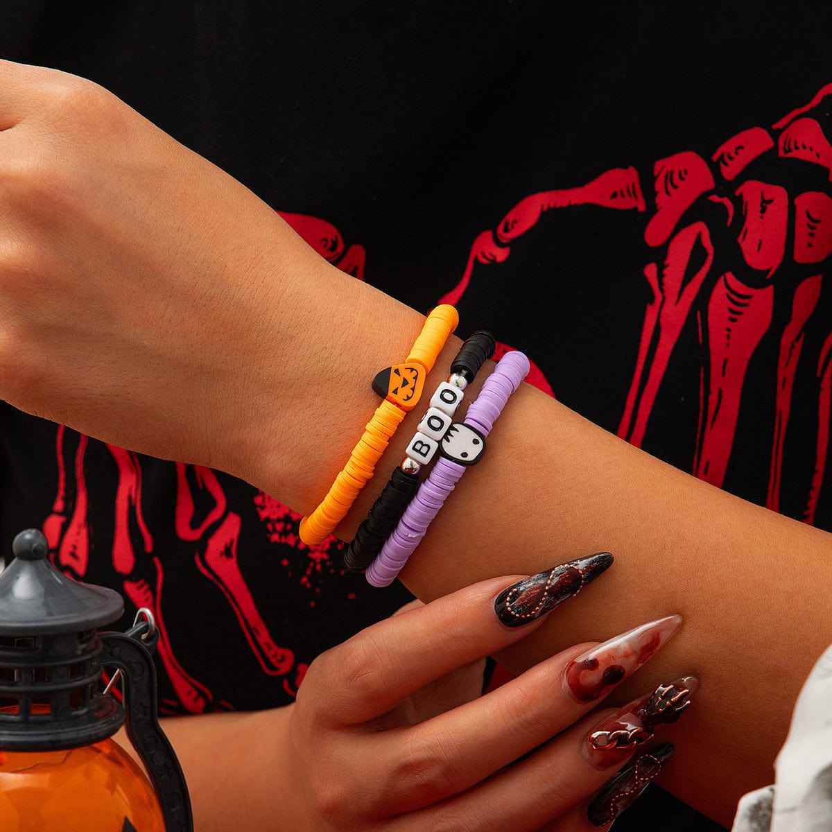 Layered Halloween Pumpkin Ghost Charm Polymer Clay Letter Bracelet Set - ArtGalleryZen