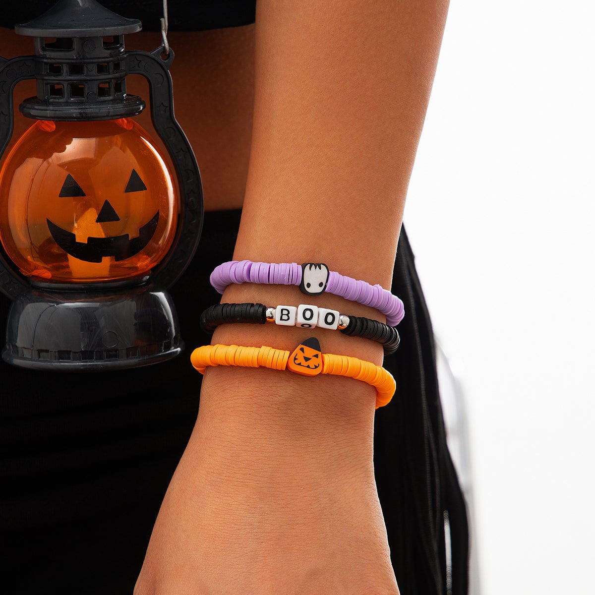 Layered Halloween Pumpkin Ghost Charm Polymer Clay Letter Bracelet Set - ArtGalleryZen