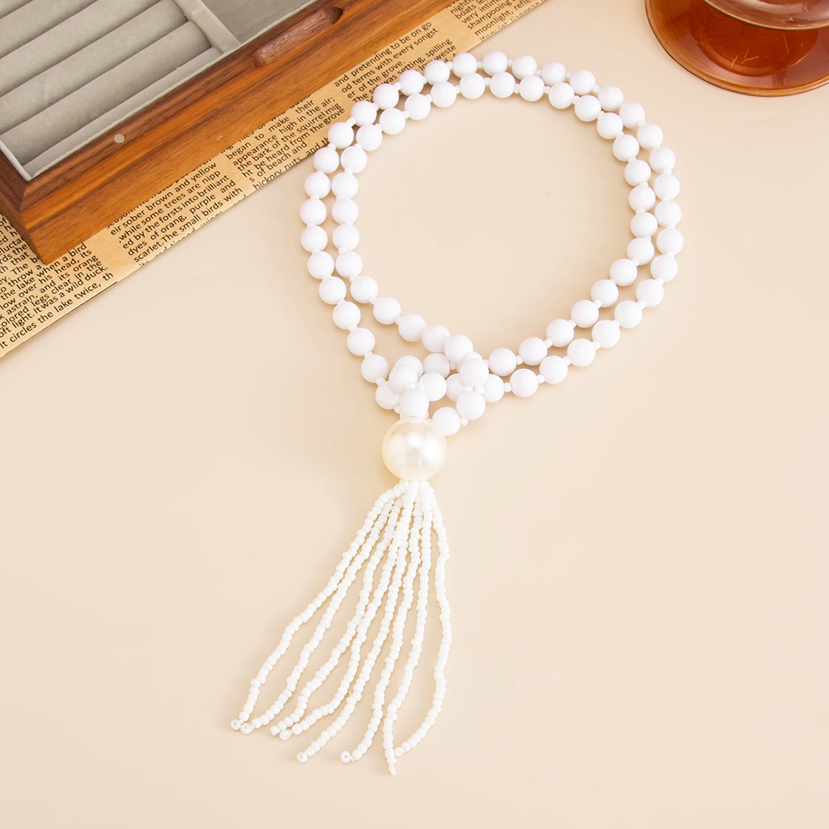Layered Seed Bead Ball Chain Tassel Y Necklace Choker for Women - ArtGalleryZen