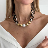 Thumbnail for Leopard Print Velvet Choker Pearl Beaded Gold Tone Retro Y2K Necklace - ArtGalleryZen