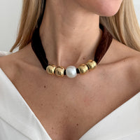 Thumbnail for Leopard Print Velvet Choker Pearl Beaded Gold Tone Retro Y2K Necklace - ArtGalleryZen