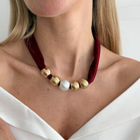 Thumbnail for Leopard Print Velvet Choker Pearl Beaded Gold Tone Retro Y2K Necklace - ArtGalleryZen