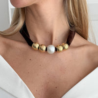 Thumbnail for Leopard Print Velvet Choker Pearl Beaded Gold Tone Retro Y2K Necklace - ArtGalleryZen