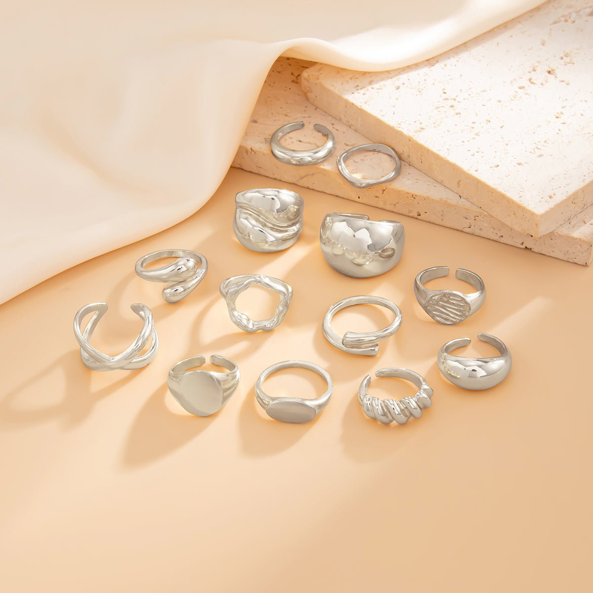 Minimalist 13pcs Gold Silver Tone Chunky Waterdrop Hollow Ring Set - ArtGalleryZen