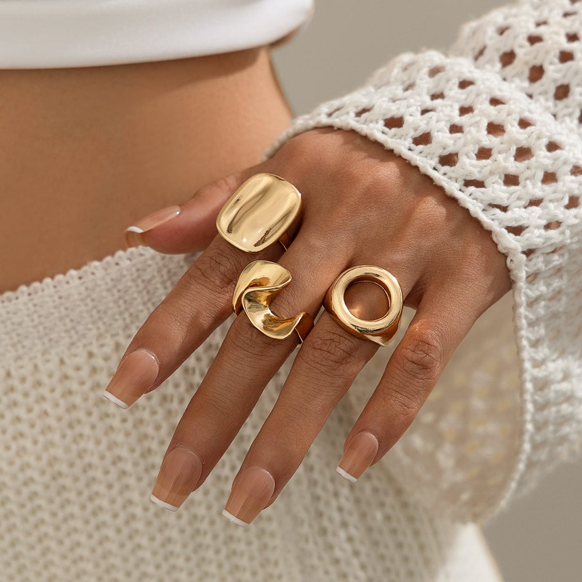 Minimalist 3pcs Hollow Pleated Square Open Ring Set - ArtGalleryZen