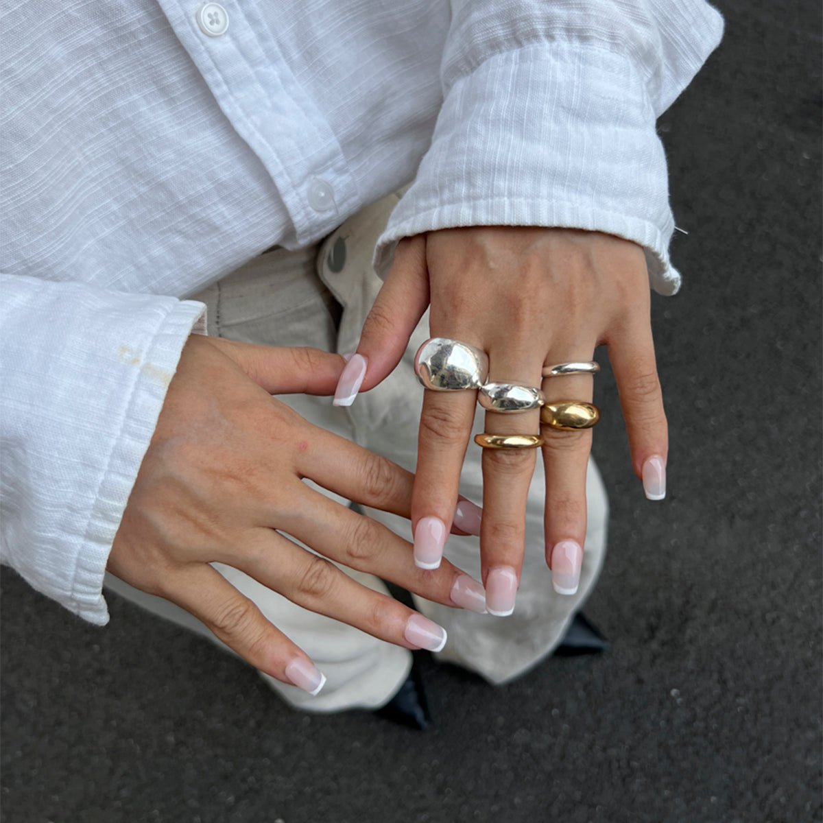 Minimalist 5pcs Gold Silver Tone Glossy Chunky Ring Set - ArtGalleryZen