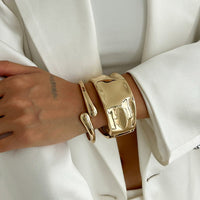 Thumbnail for Minimalist Gold Tone Textured Wide Cuff Bangle Bracelet Set - ArtGalleryZen