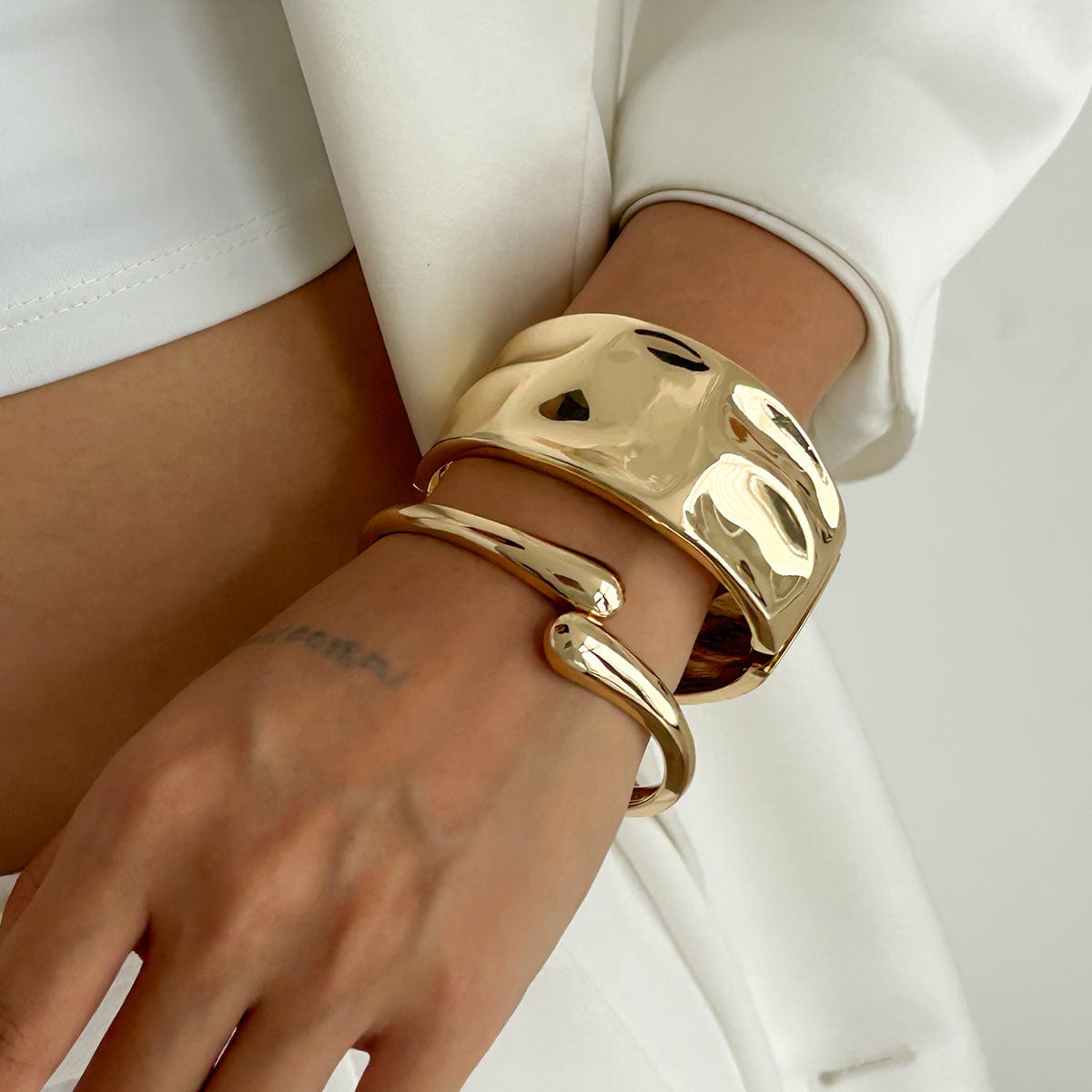 Minimalist Gold Tone Textured Wide Cuff Bangle Bracelet Set - ArtGalleryZen