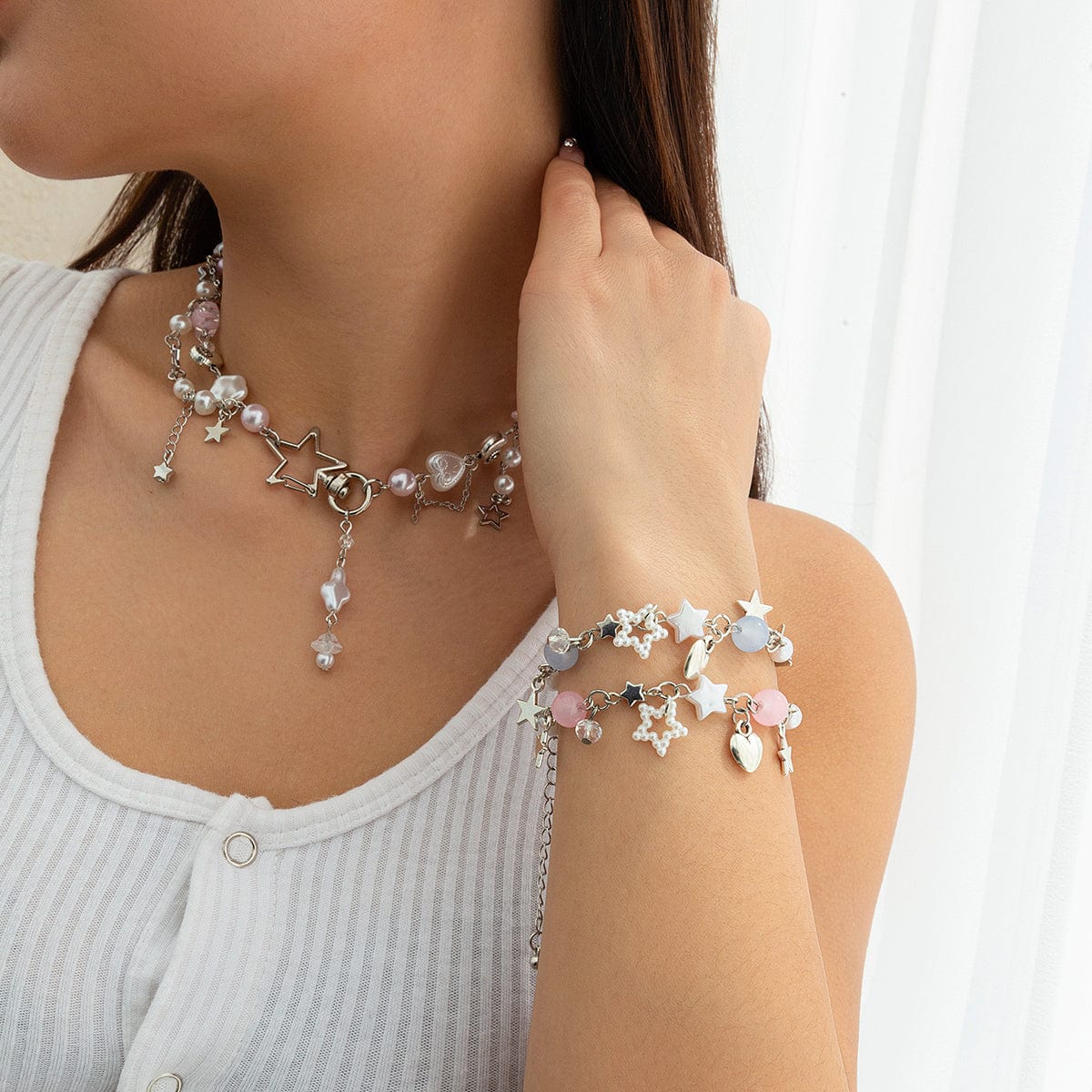 Newly 2 Pcs Heart Star Tassel Crystal Pearl Chain Bracelet Set - ArtGalleryZen