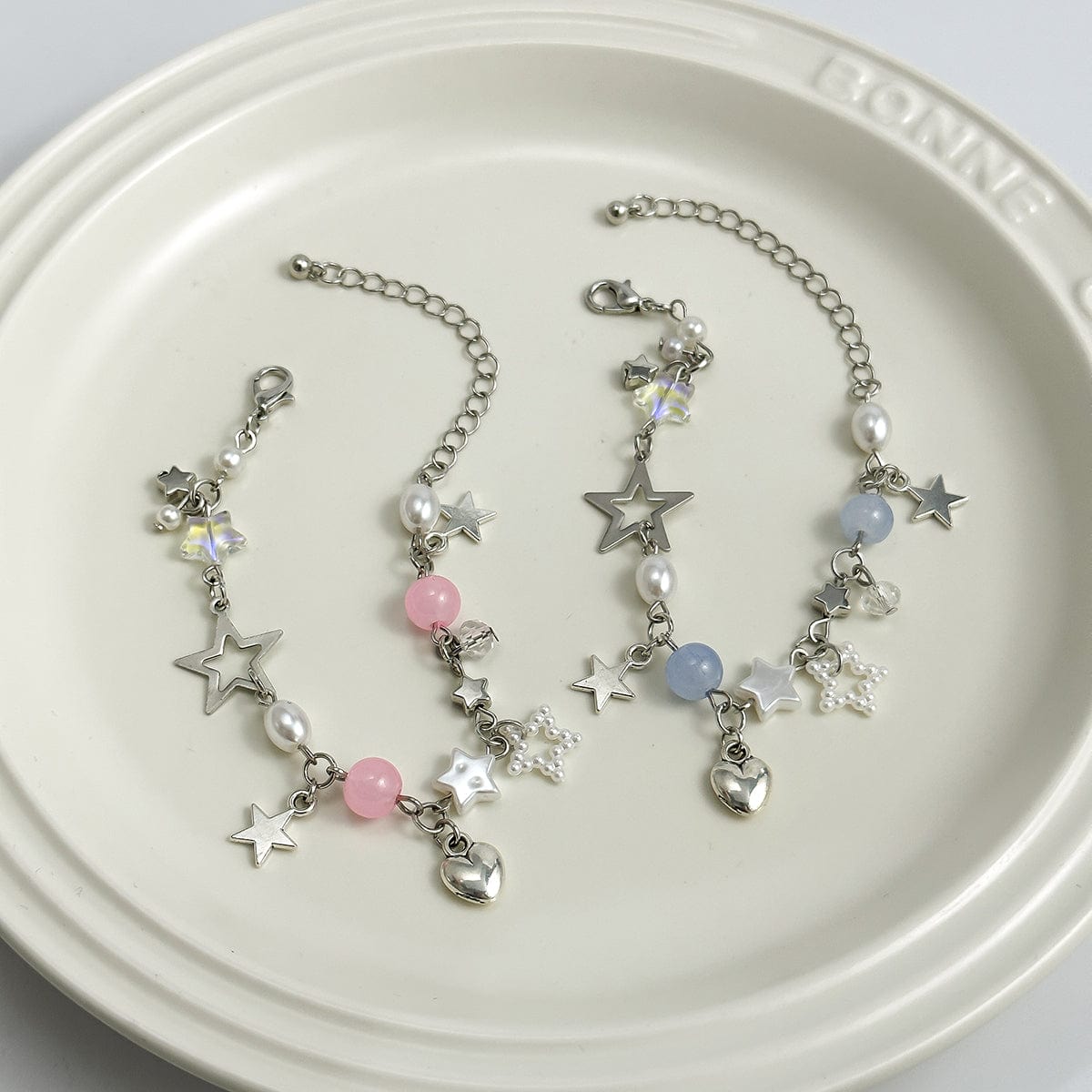 Newly 2 Pcs Heart Star Tassel Crystal Pearl Chain Bracelet Set - ArtGalleryZen