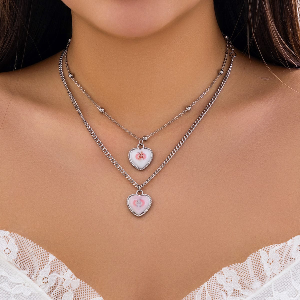 Newly Double Layered Rabbit Pattern Heart Pendant Ball Chain Necklace Set - ArtGalleryZen