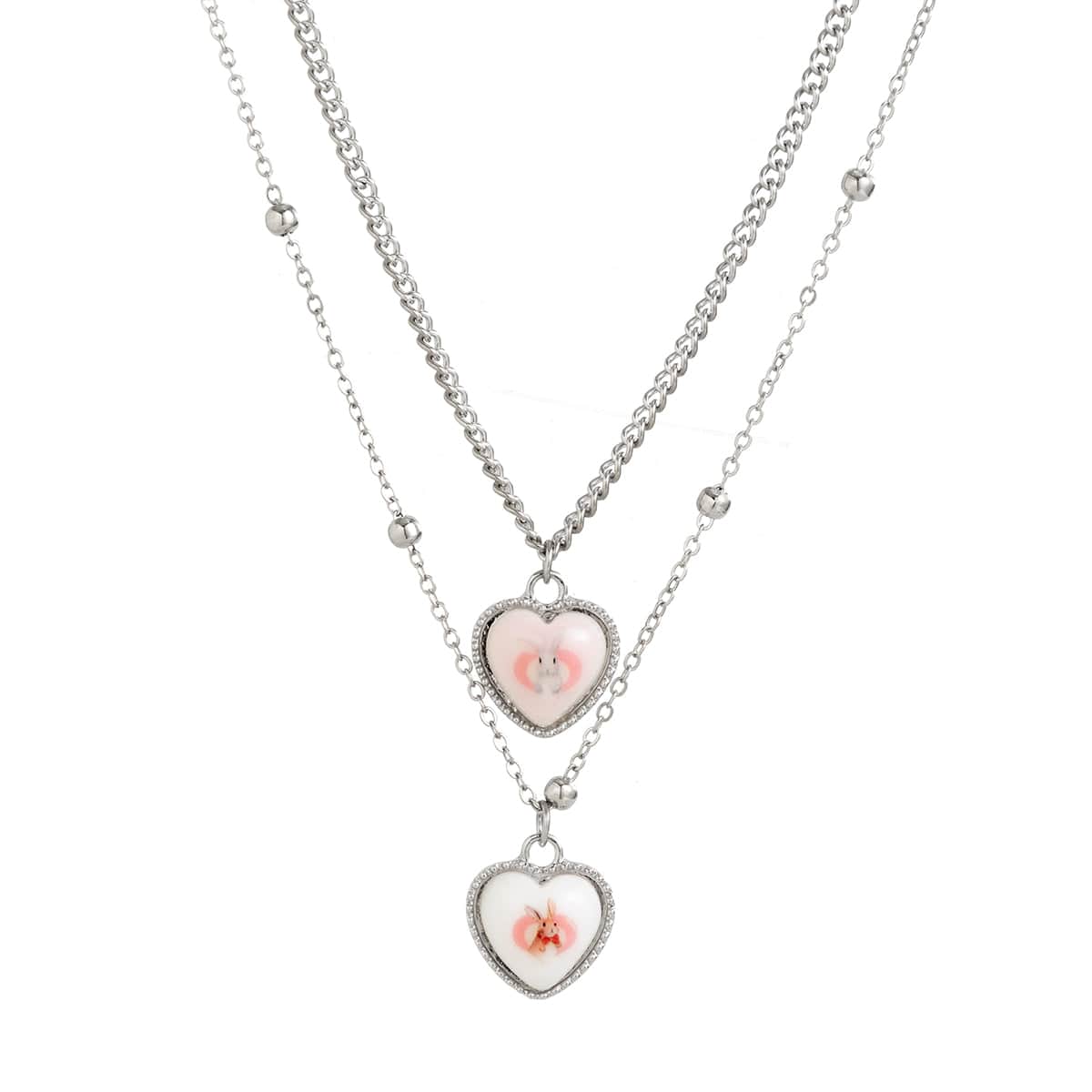 Newly Double Layered Rabbit Pattern Heart Pendant Ball Chain Necklace Set - ArtGalleryZen
