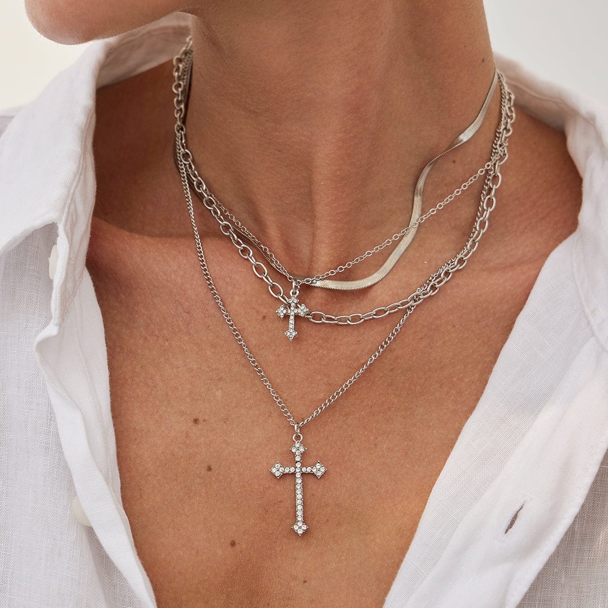 Newly Layered Rhinestone Inlaid Cross Pendant Herringbone Curb Chain Necklace - ArtGalleryZen