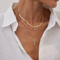 Thumbnail for Newly Layered Rhinestone Inlaid Cross Pendant Herringbone Curb Chain Necklace - ArtGalleryZen