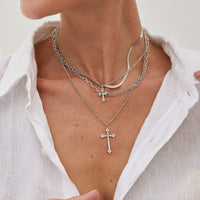 Thumbnail for Newly Layered Rhinestone Inlaid Cross Pendant Herringbone Curb Chain Necklace - ArtGalleryZen