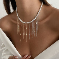 Thumbnail for Newly Two Tone Star Ball Chain Tassel Pearl Necklace - ArtGalleryZen