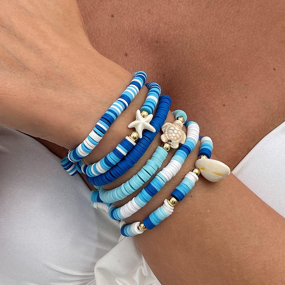 Ocean Style 6pcs Conch Turtle Starfish Polymer Clay Letter Beaded Bracelet Set - ArtGalleryZen