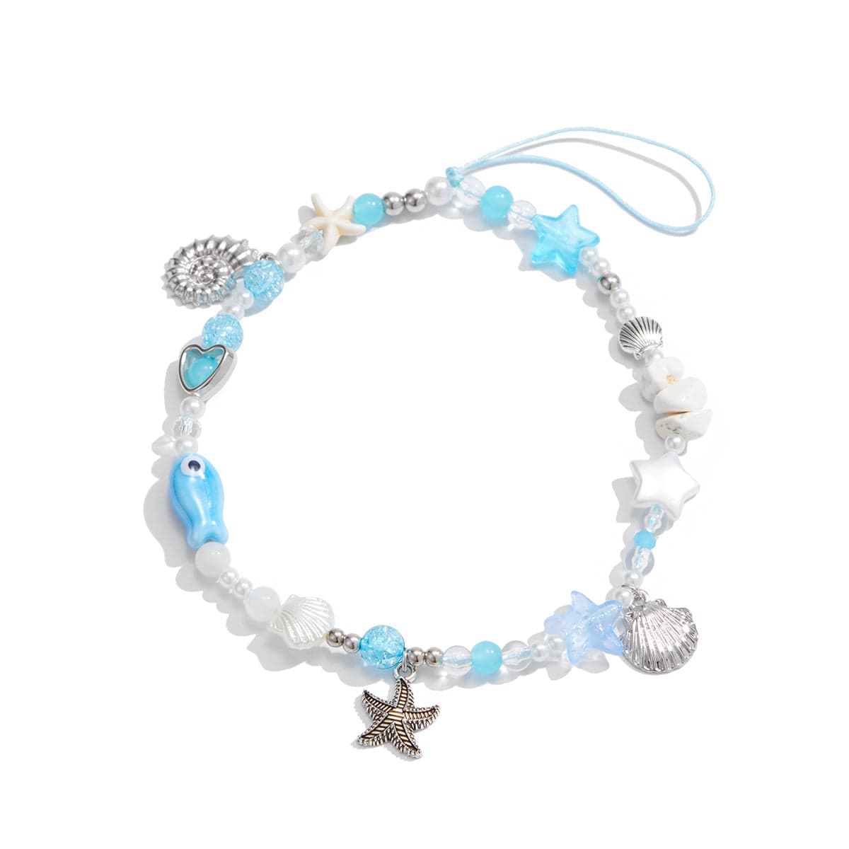 Ocean Style Ceramic Fish Shell Charm Pearl Beaded Keychain Phone Strap - ArtGalleryZen