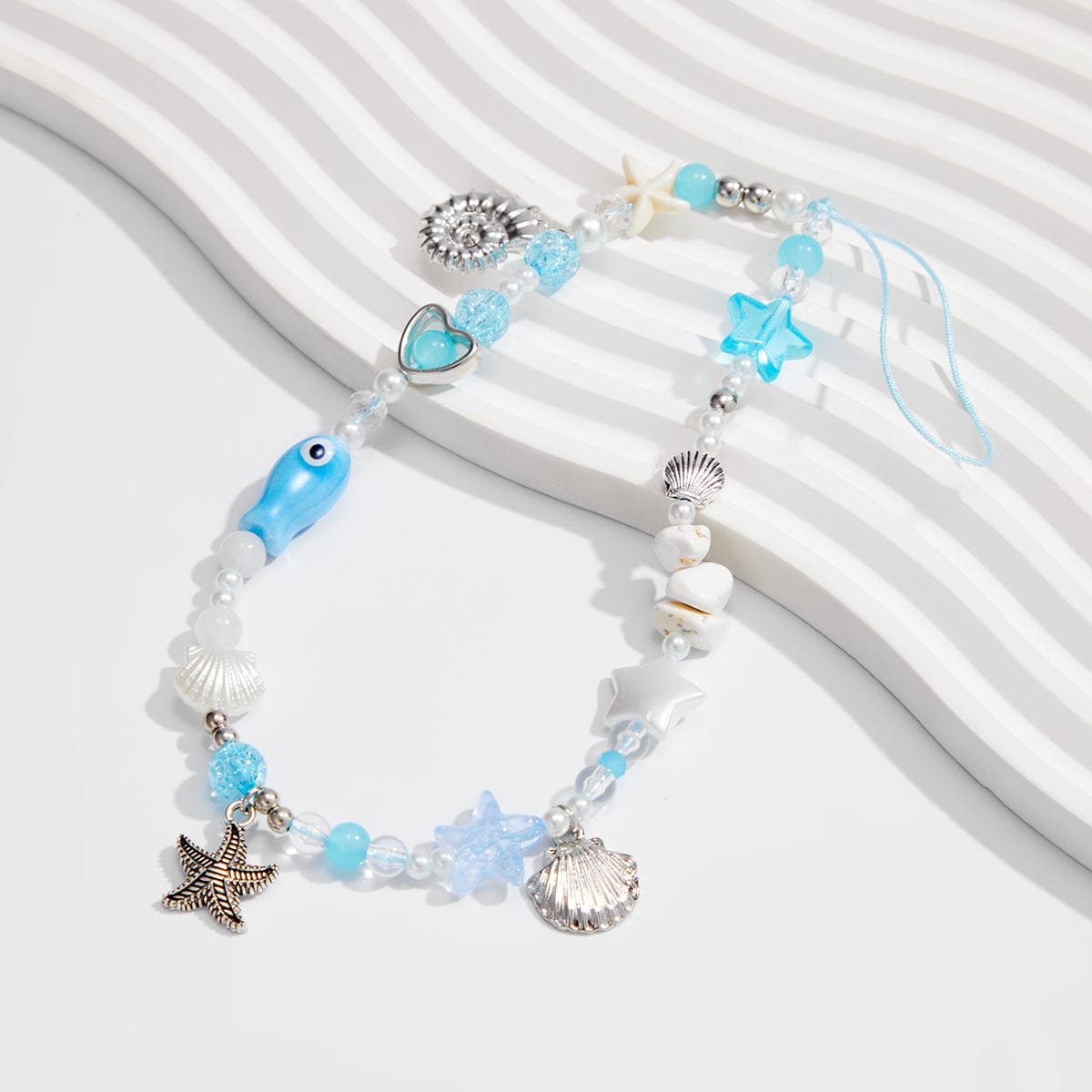 Ocean Style Ceramic Fish Shell Charm Pearl Beaded Keychain Phone Strap - ArtGalleryZen