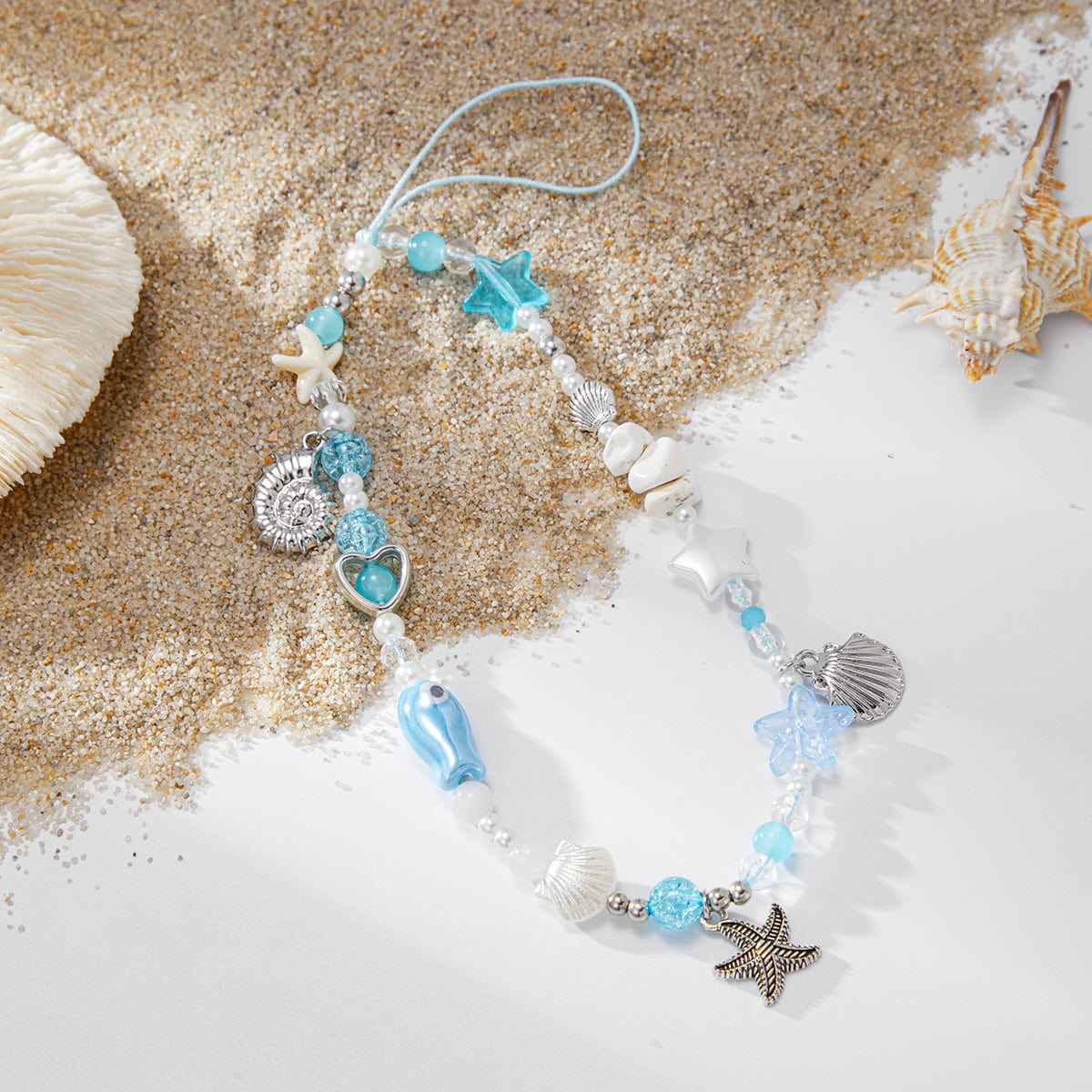 Ocean Style Ceramic Fish Shell Charm Pearl Beaded Keychain Phone Strap - ArtGalleryZen
