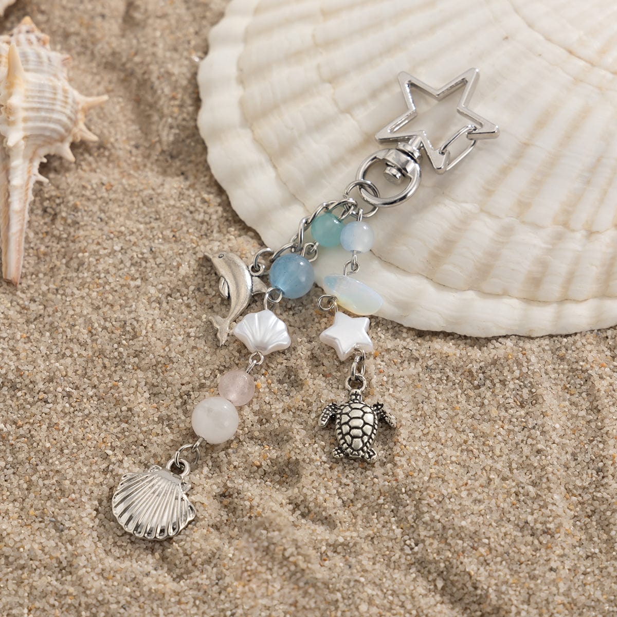 Ocean Style Dolphin Shell Turtle Pendant Pearl Glass Beaded Keychain - ArtGalleryZen