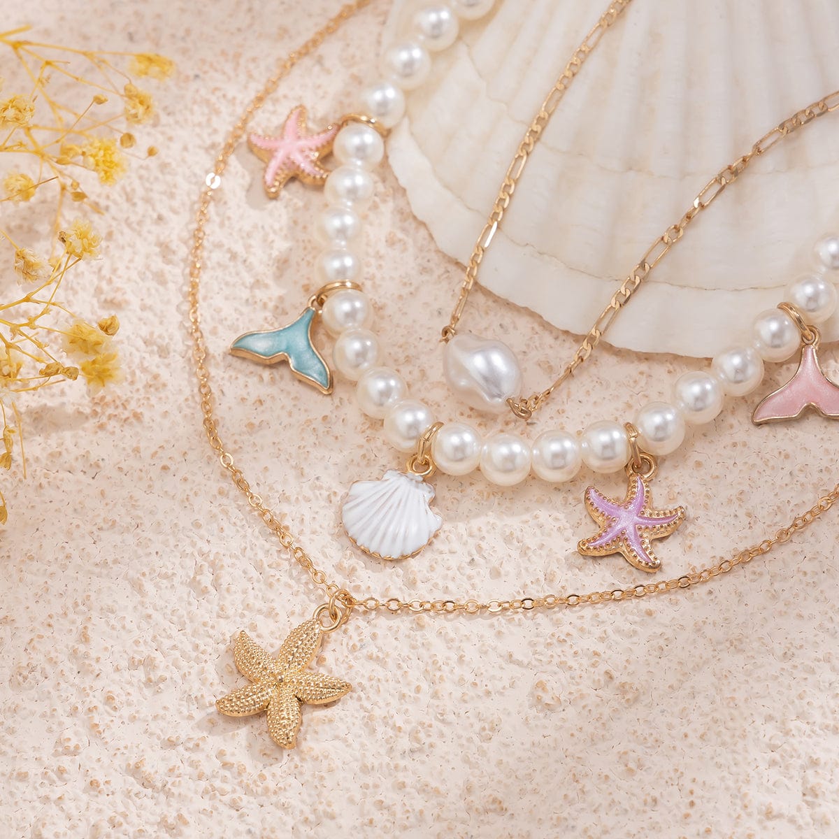 Ocean Style Layered Enamel Starfish Mermaid Pendant Pearl Chain Necklace Set - ArtGalleryZen