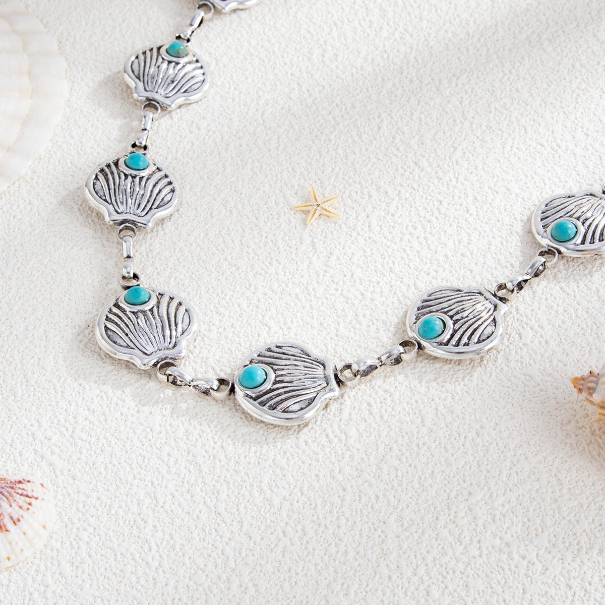 Ocean Style Silver Tone Turquoise Inlaid Shell Waist Chain - ArtGalleryZen