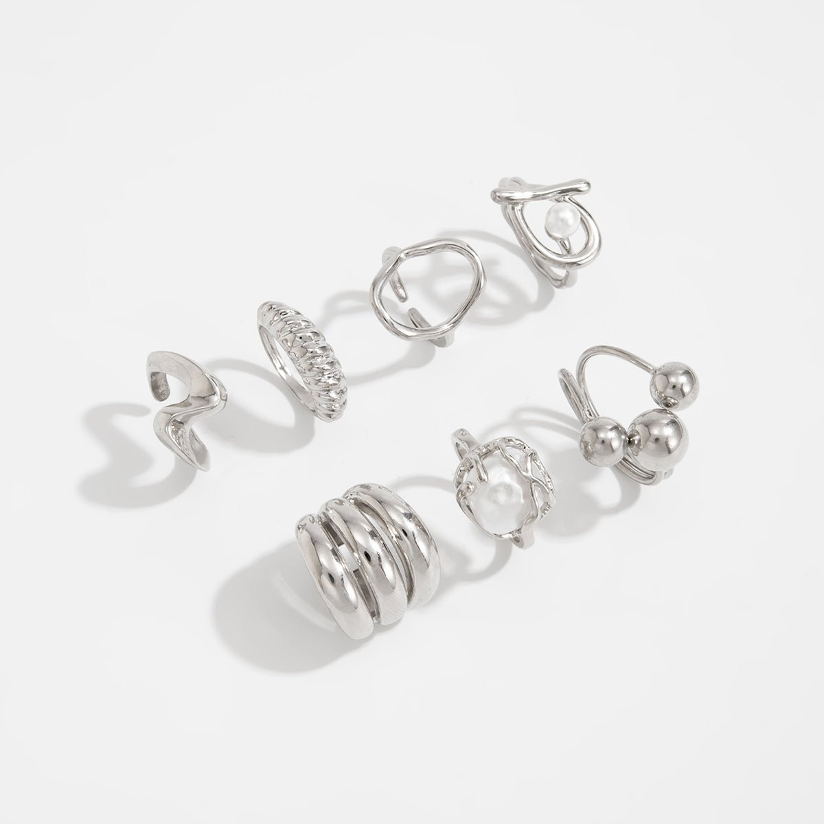 Pearl Ring Set 7pcs - Geometric Irregular Hollow Curved Statement - ArtGalleryZen