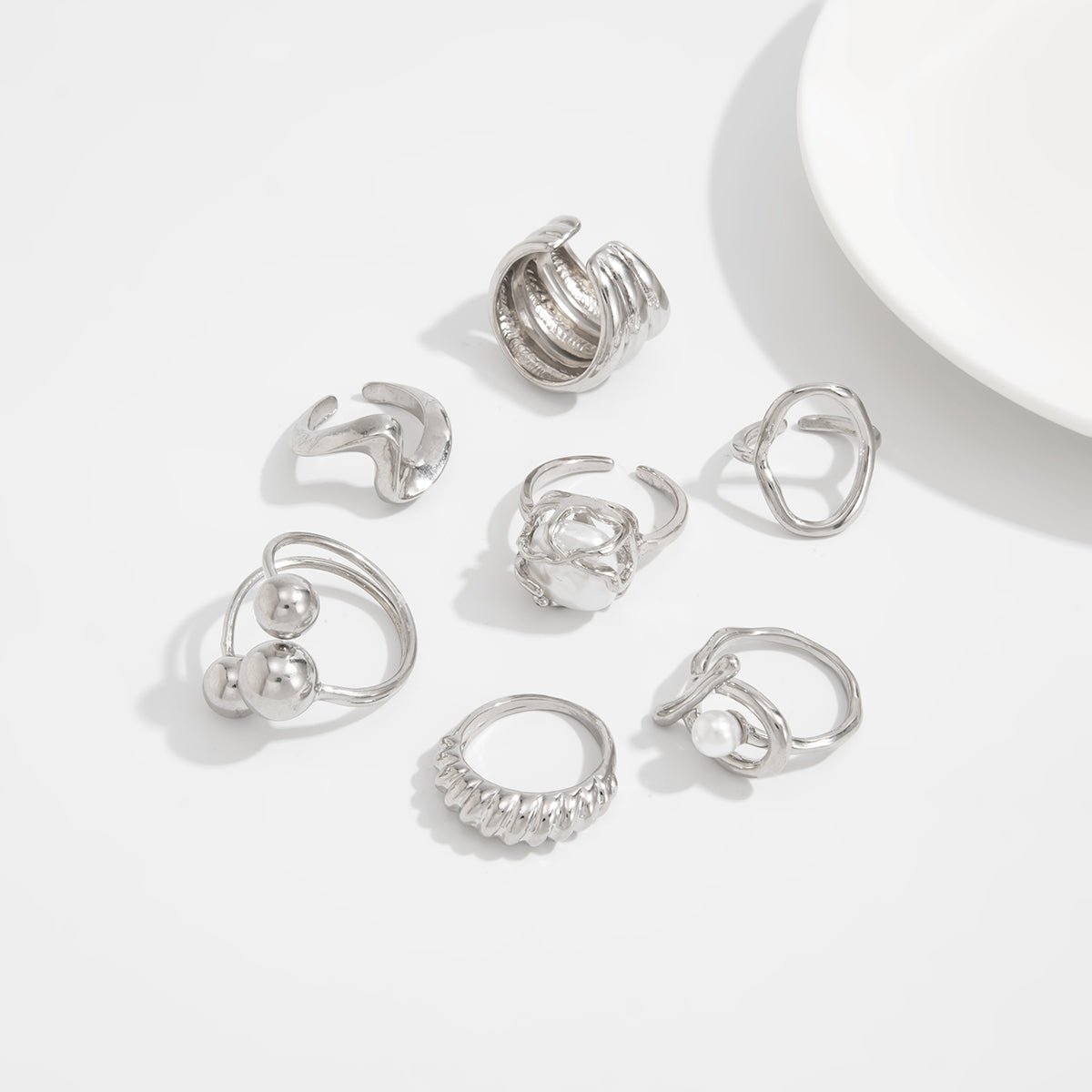 Pearl Ring Set 7pcs - Geometric Irregular Hollow Curved Statement - ArtGalleryZen
