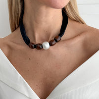 Thumbnail for Pearl Wooden Bead Velvet Choker Necklace Layered Boho Charm - ArtGalleryZen