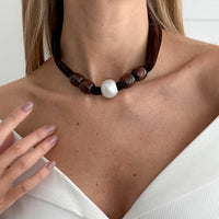 Thumbnail for Pearl Wooden Bead Velvet Choker Necklace Layered Boho Charm - ArtGalleryZen