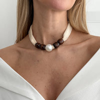 Thumbnail for Pearl Wooden Bead Velvet Choker Necklace Layered Boho Charm - ArtGalleryZen