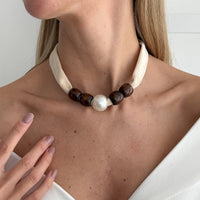 Thumbnail for Pearl Wooden Bead Velvet Choker Necklace Layered Boho Charm - ArtGalleryZen