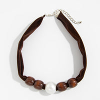Thumbnail for Pearl Wooden Bead Velvet Choker Necklace Layered Boho Charm - ArtGalleryZen