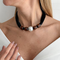 Thumbnail for Pearl Wooden Bead Velvet Choker Necklace Layered Boho Charm - ArtGalleryZen