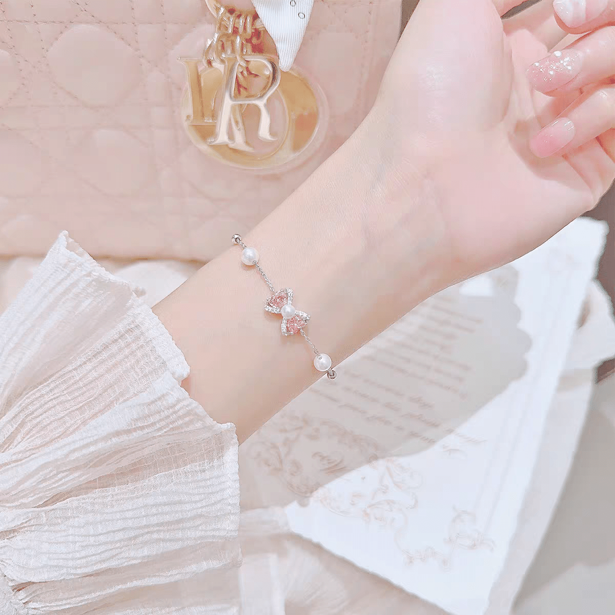 Pink Crystal Bowknot Pearl Chain Bracelet - ArtGalleryZen