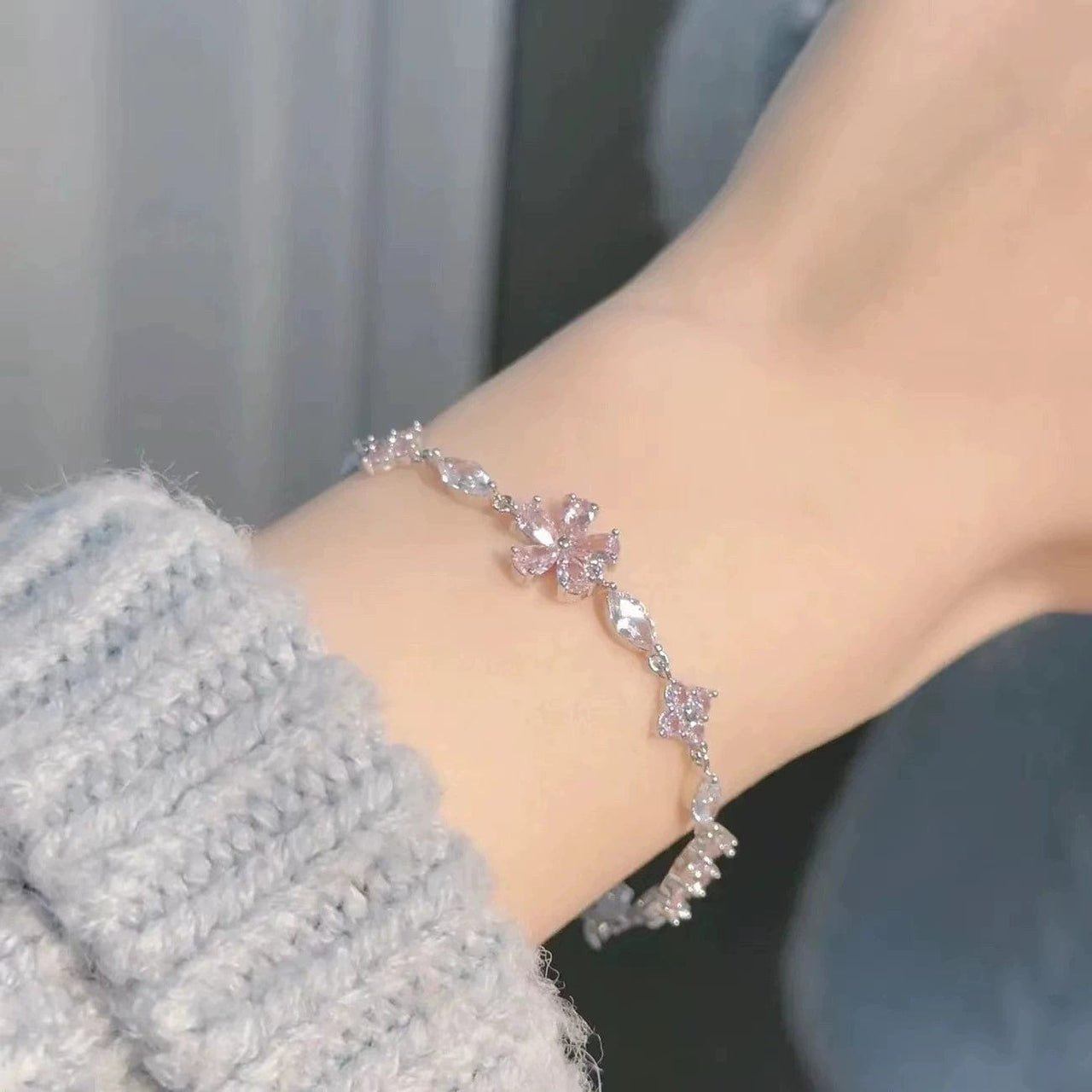 Pink Crystal Cherry Blossom Bracelet - ArtGalleryZen