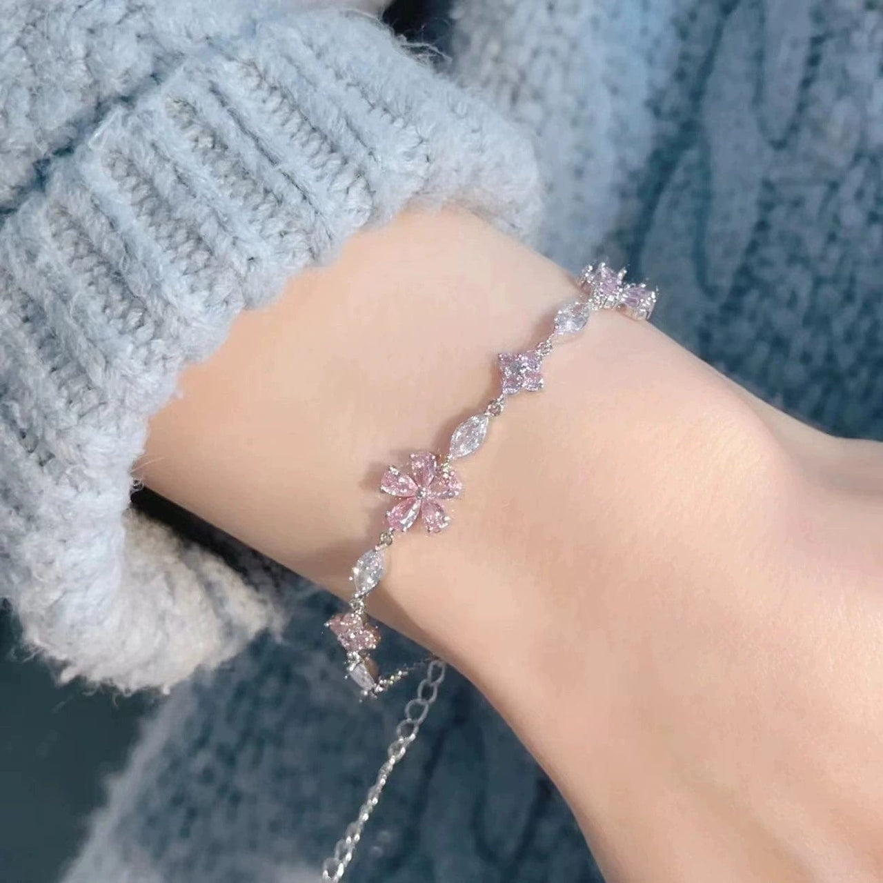 Pink Crystal Cherry Blossom Bracelet - ArtGalleryZen