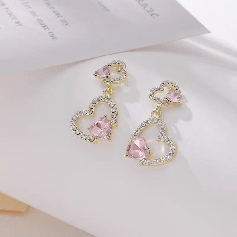 Pink Crystal Dangle Heart Earrings - ArtGalleryZen