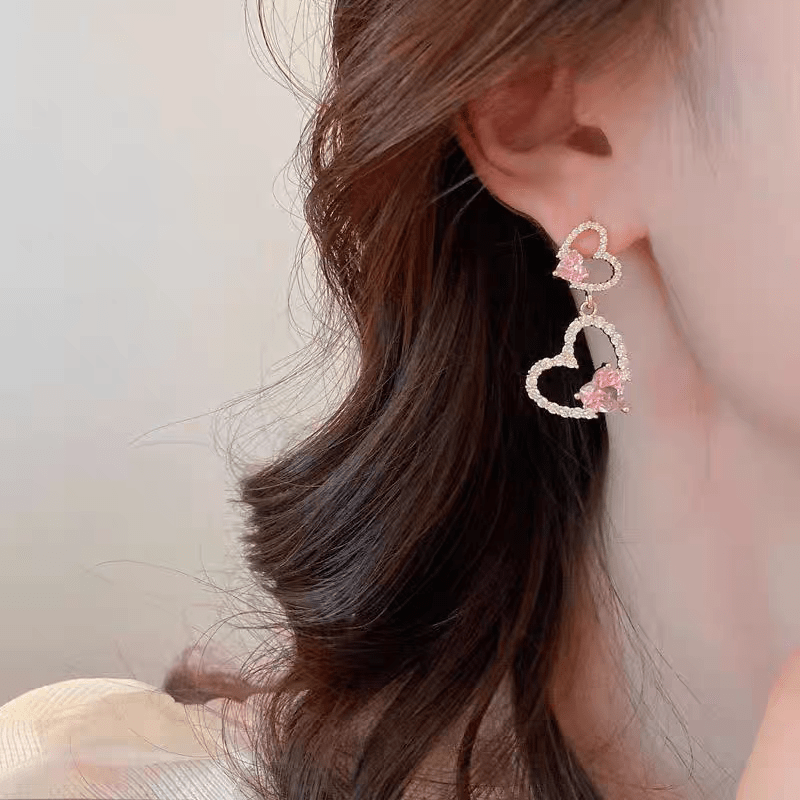 Pink Crystal Dangle Heart Earrings - ArtGalleryZen